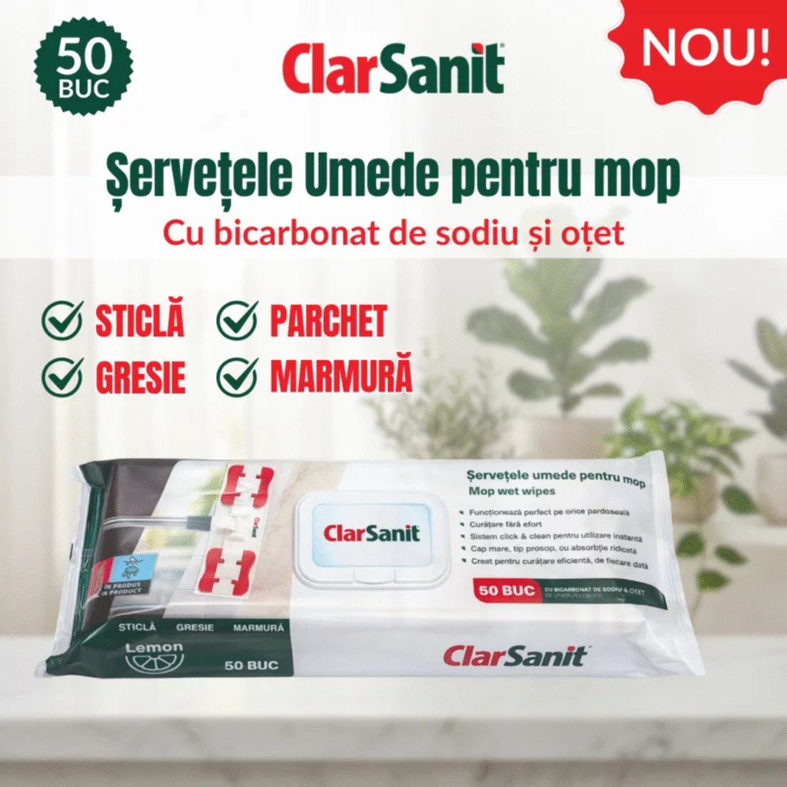 Șervețele Umede pentru Mop ClarSanit cu Bicarbonat și Oțet, 50 bucăți