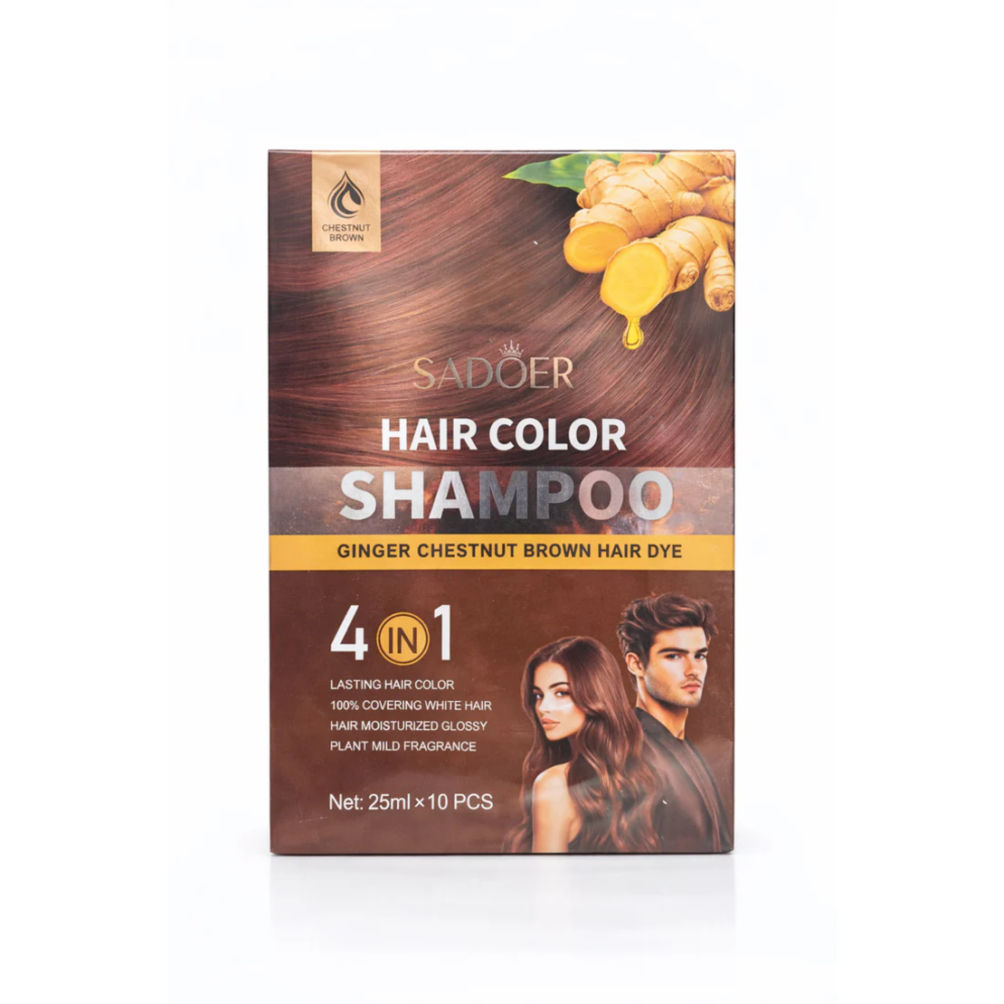Șampon Colorant Sadoer Hair Color Shampoo cu Ghimbir (Șaten Castaniu), 10 plicuri x 25ml