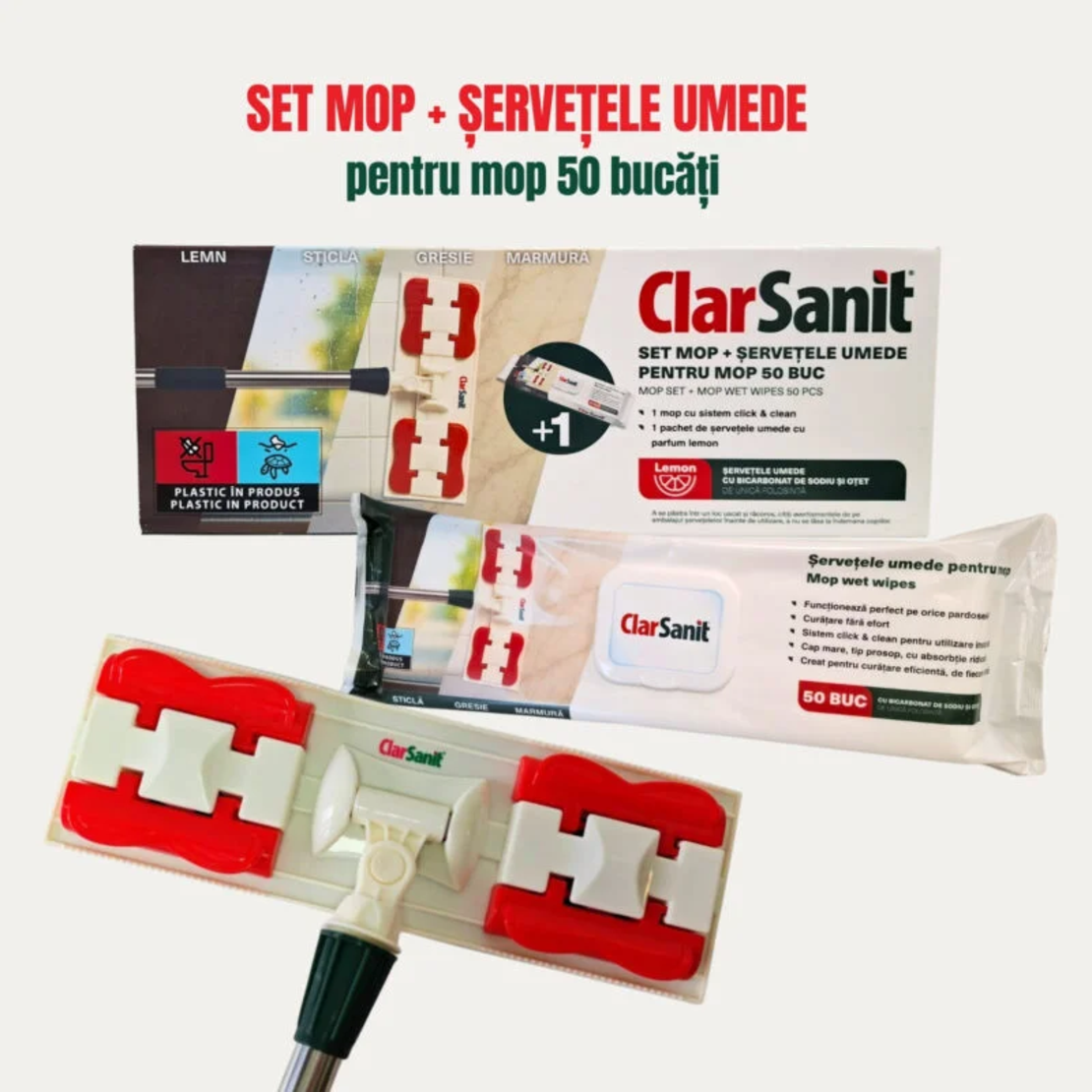 Set Mop Plat ClarSanit și Șervețele Umede pentru Mop cu Bicarbonat, 50 bucăți
