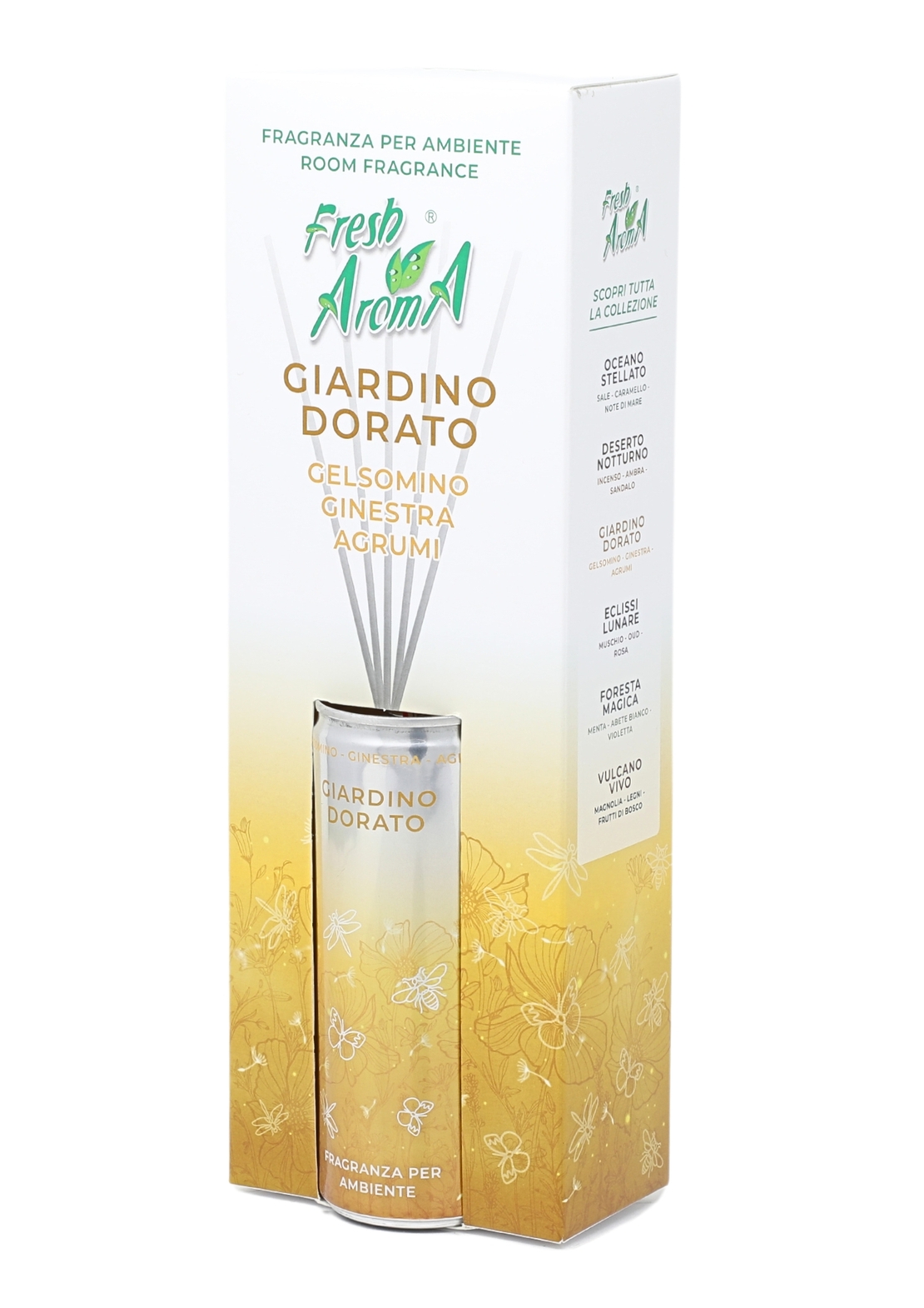 Odorizant de camera Fresh Aroma GIARDINO DORATO, 250 ml, note florale, cu betisoare colorate, multicolor