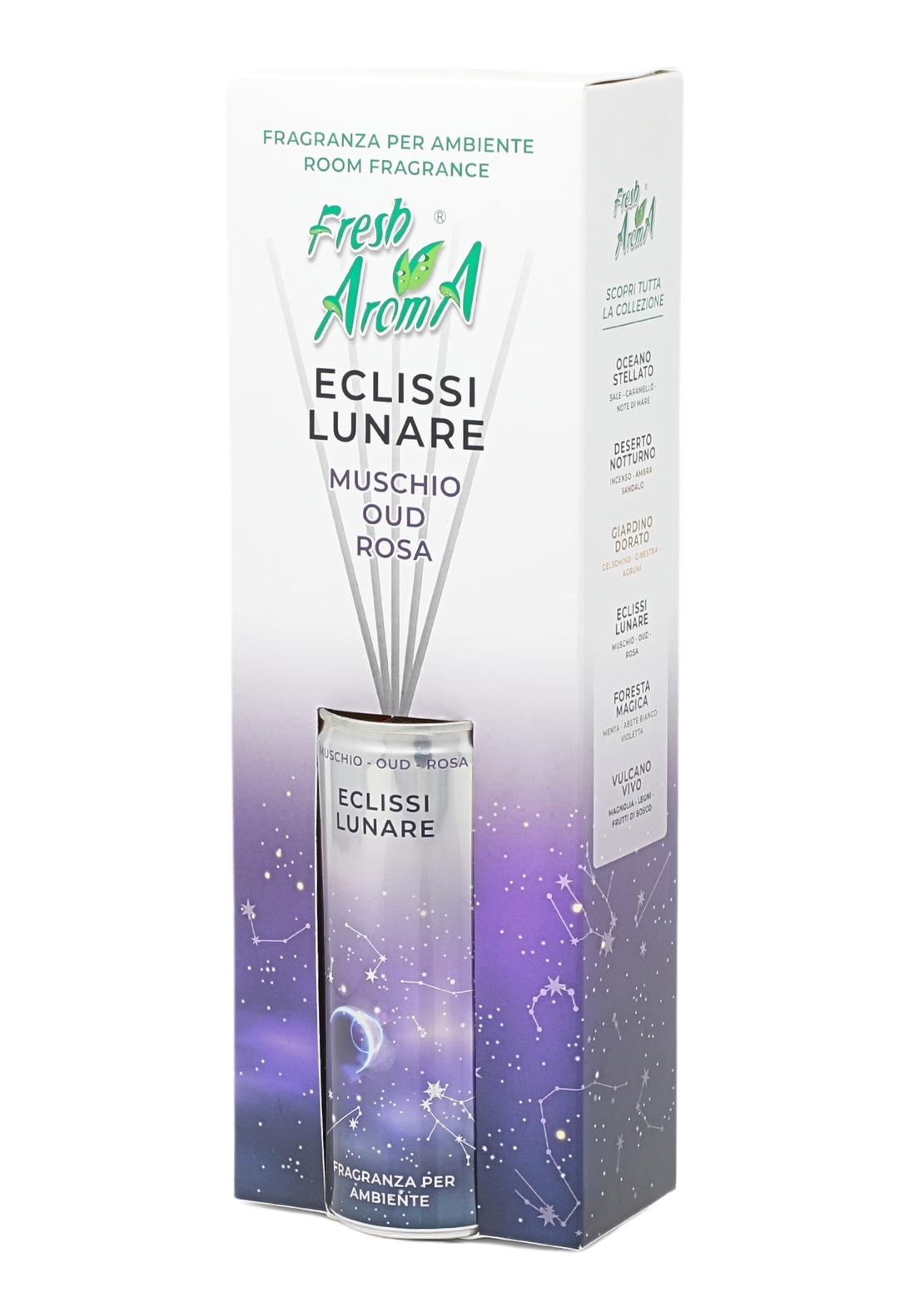 Odorizant de camera Fresh Aroma ECLISSI LUNARE, 250 ml, parfum oriental cu note lemnoase, cu betisoare colorate