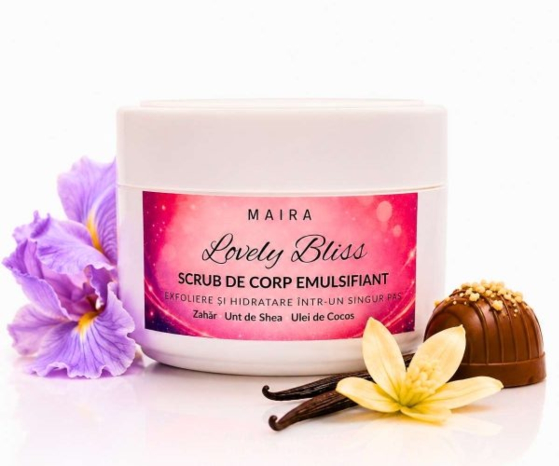 Scrub Corp Emulsifiant cu Zahăr, Ulei de Migdale și Unt de Shea – Lovely Bliss, 200g