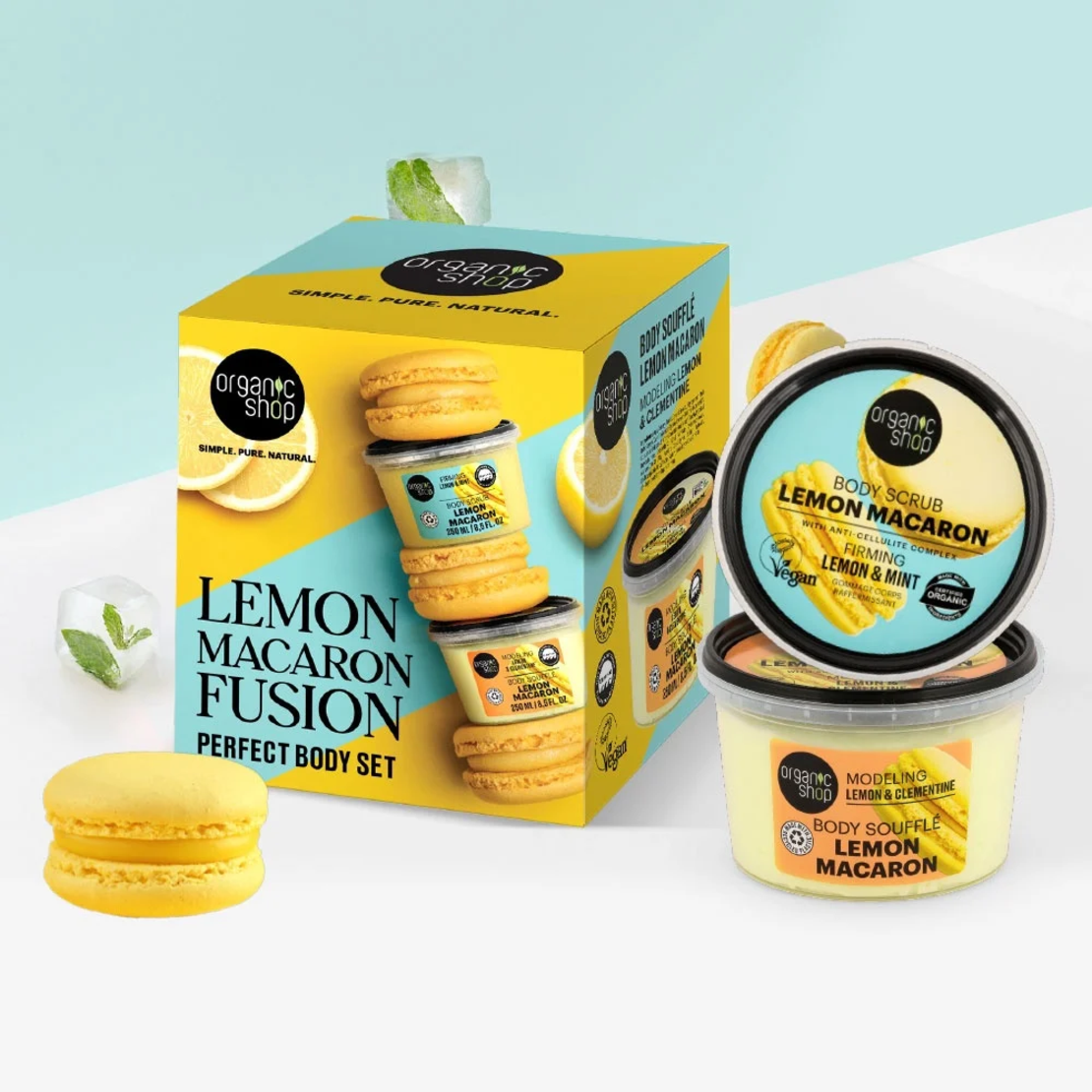 Set cadou Organic Shop Lemon Macaron cu scrub de corp 250 ml si souffle de corp 250 ml