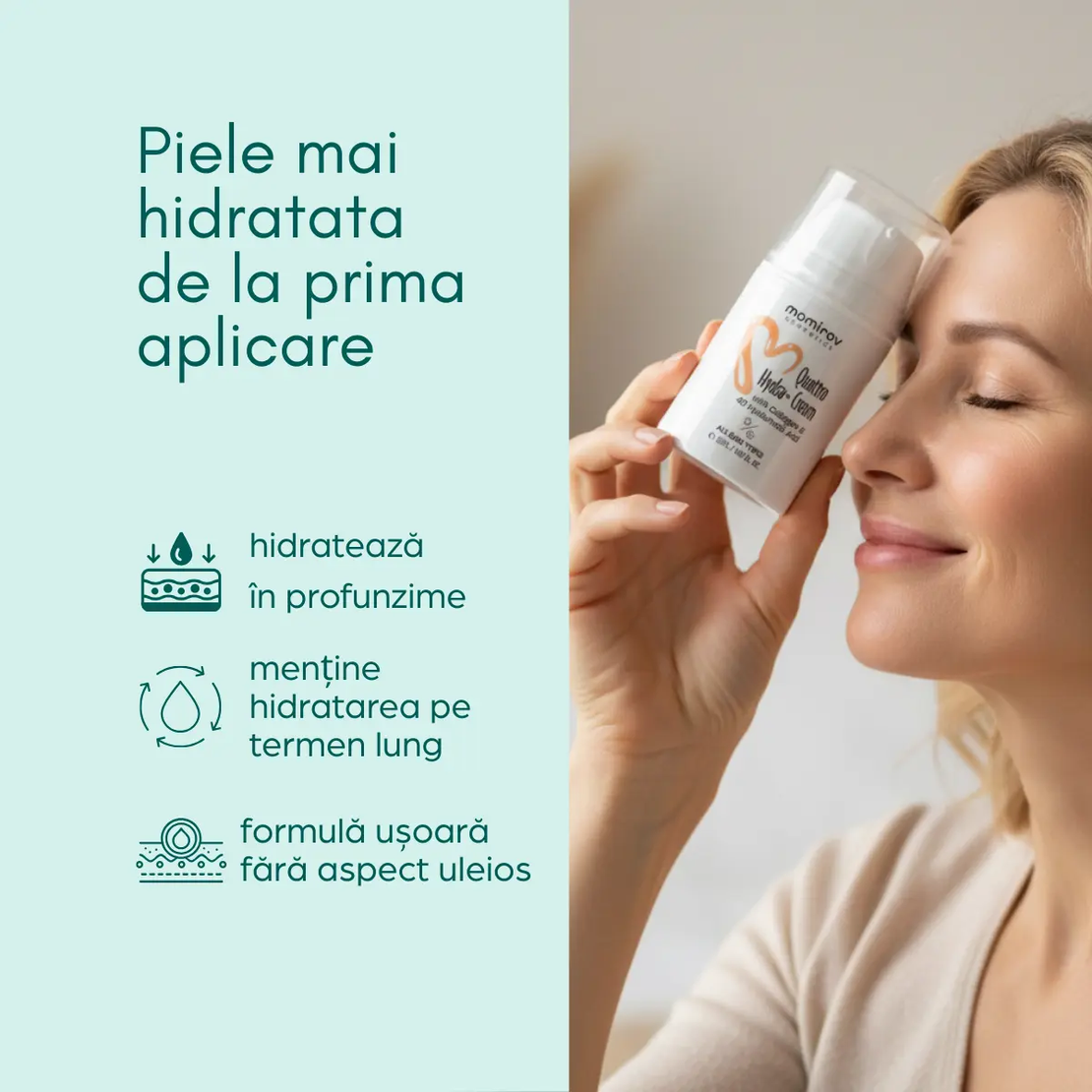 Momirov-Cremă Quattro Hydra+ cu colagen și 4 tipuri de acid hialuronic, 50 ml