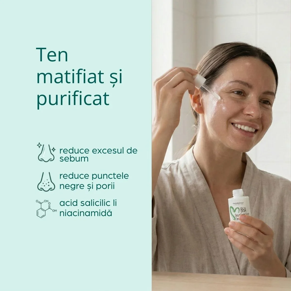 Momirov-Serum BHA Sebum Control cu 2% acid salicilic și 2% niacinamidă pentru ten gras și mixt, 30 ml