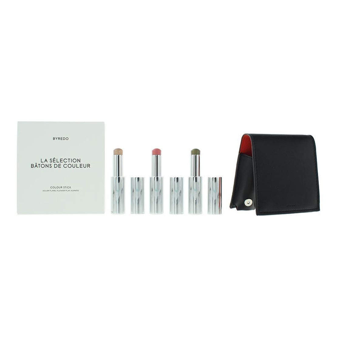 Orange Set Byredo: Colour Stick, Multifunctional, Eyeshadow Stick, 509, Solar Flare, 3.5 g + Colour Stick, Multifunctional, Eyeshadow Stick, Kumato Face, 3.5 g + Colour Stick, Multifunctional, Eyeshadow Stick, Flower Play, 3.5 g + Byredo, GWP Leather