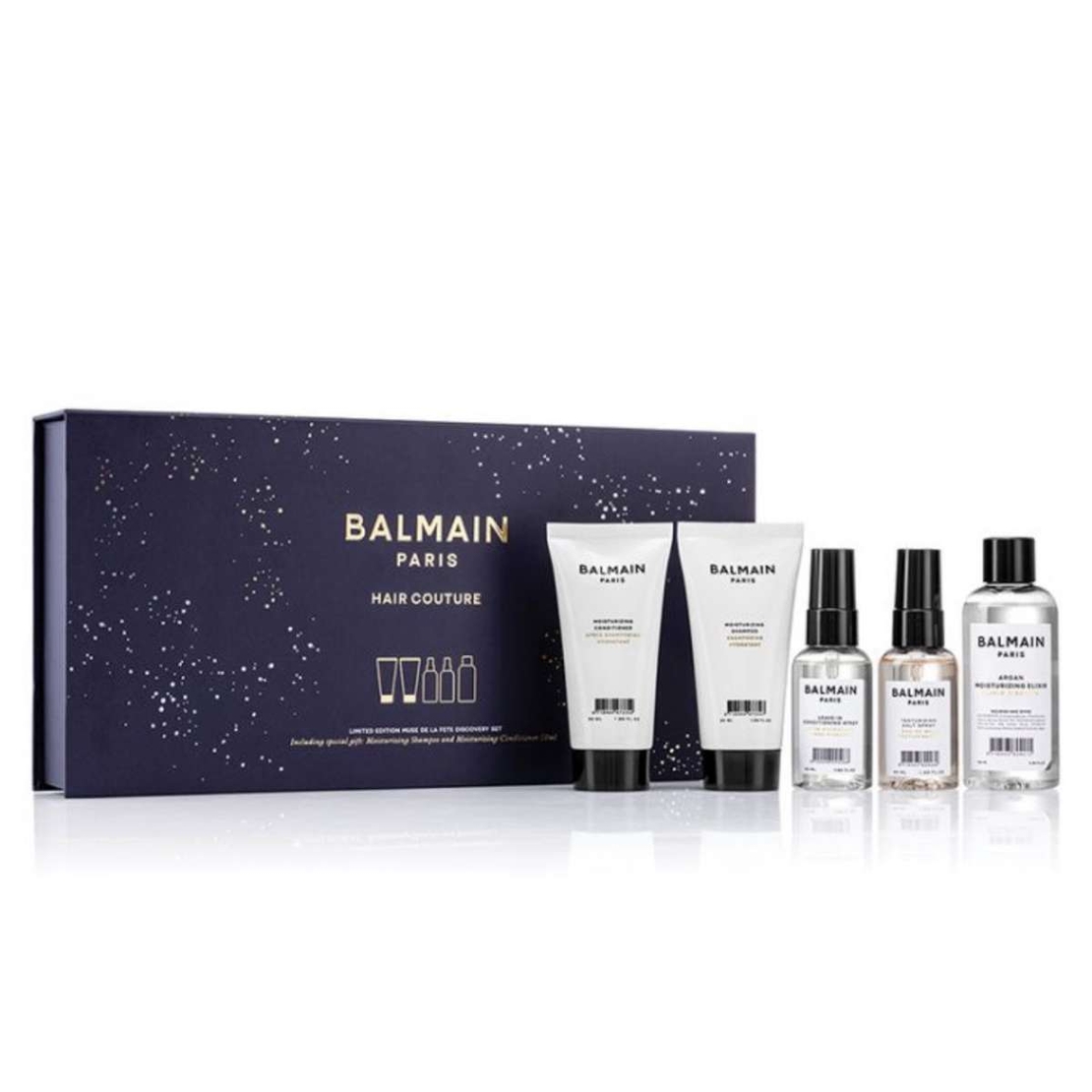 Set Balmain Professionnel: Moisturizing, Hair Shampoo, For Hydration, 50 ml + Moisturizing, Hair Conditioner, For Hydration, 50 ml + Balmain Professionnel, Salt Spray, For Definition & Texture, Light Hold, 50 ml + Argan Moisturising Elixir, Hair Oil,