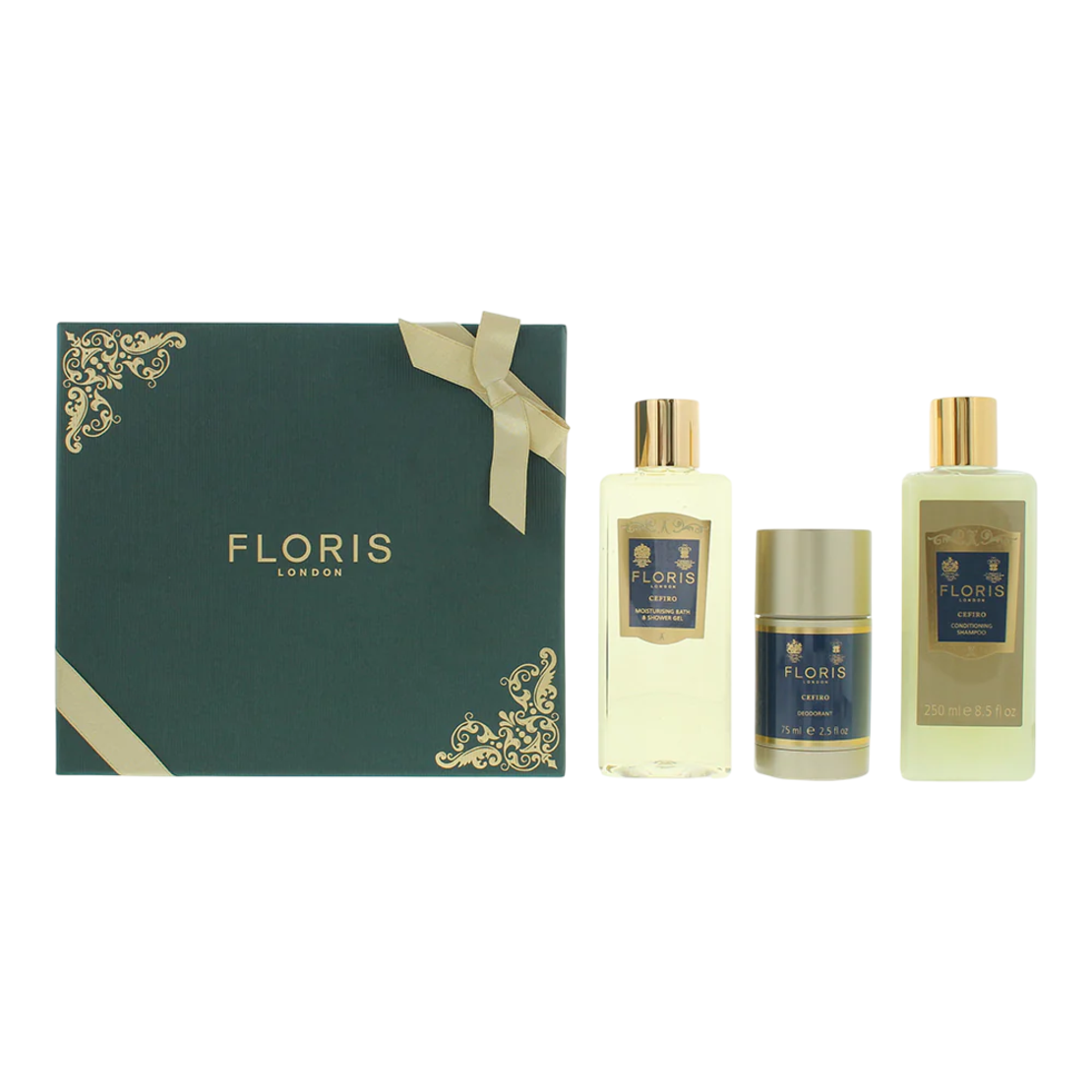 Set Floris Of London: Cefiro, Hair Shampoo, For Conditioning, 250 ml + Cefiro, Moisturizing, Shower Gel, For All Skin Types, 250 ml + Cefiro, Anti-Perspirant, Deodorant Stick, Unisex, 75 g