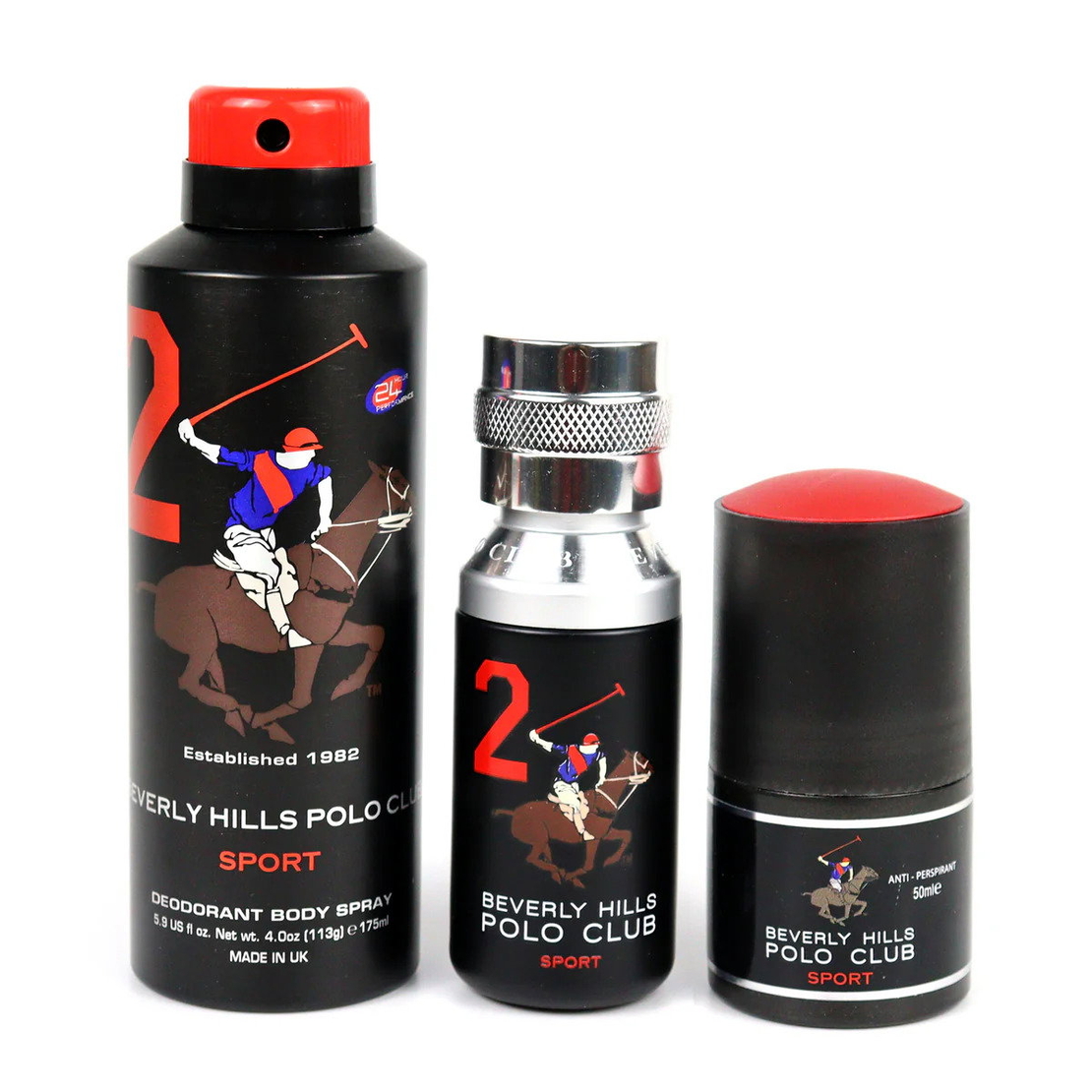 Set Beverly Hills Polo Club: 1982 - Sport 2, Eau De Toilette, For Men, 50 ml + 1982 - Sport 2, Anti-Perspirant, Deodorant Spray, For Men, 175 ml + Sport 2, Anti-Perspirant, Deodorant Roll-On, For Men, 50 ml