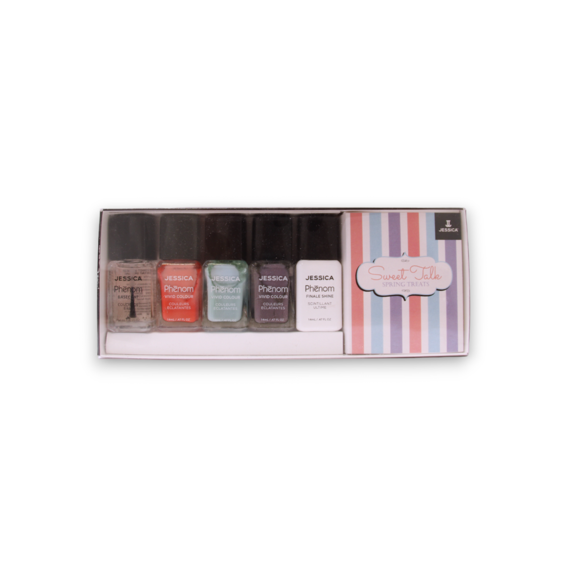 Sweet Talk Set Jessica: Phenom Vivid Colour, Nail Polish, PHEN-079, U Had Me At Hello, 14 ml + Phenom Vivid Colour, Nail Polish, PHEN-080, Smooth Talker, 14 ml + Phenom Vivid Colour, Top Coat, Nail Polish, PHEN-000, Finale Shine, 15 ml + Phenom Vivid