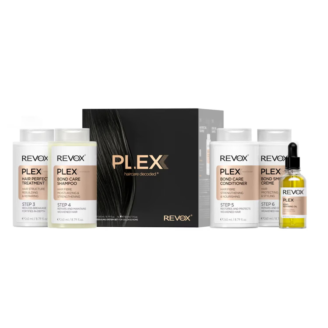 Set Revox B77: Plex Bond Step 3, Hair Cream Treatment, Anti-Breakage, 260 ml + Plex Bond Step 4, Hair Shampoo, For Strengthening, 260 ml + Plex Bond Step 5, Hair Conditioner, Restores, 260 ml + Plex Bond Step 6, Hair Cream Treatment, Repairing, 260 m