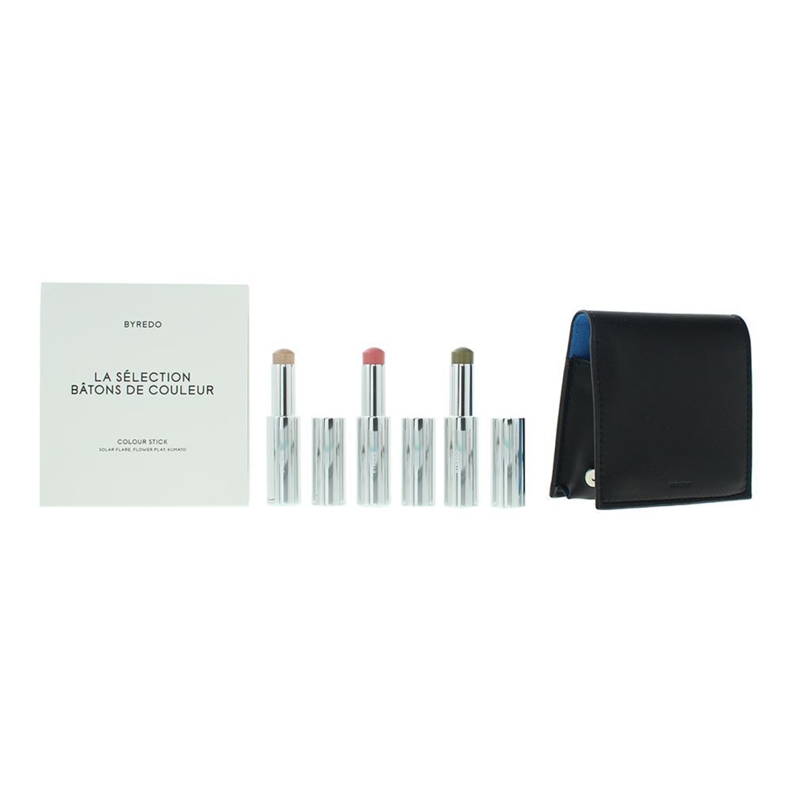 Blue Set Byredo: Colour Stick, Multifunctional, Eyeshadow Stick, 509, Solar Flare, 3.5 g + Colour Stick, Multifunctional, Eyeshadow Stick, Kumato Face, 3.5 g + Colour Stick, Multifunctional, Eyeshadow Stick, Flower Play, 3.5 g + Byredo, GWP Leather P