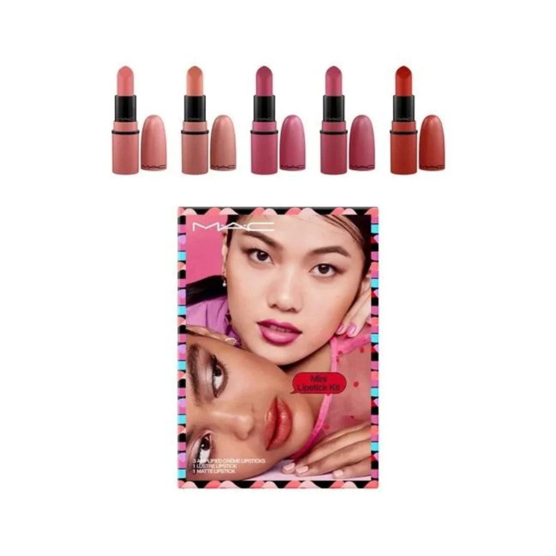 Mini Lipstick Kit Set MAC: Amplified, Matte, Cream Lipstick, You Can't Chili With Us, 1.8 g *Miniature + Amplified, Matte, Cream Lipstick, Double Date, 1.8 g *Miniature + Amplified, Matte, Cream Lipstick, Velvet Teddy, 1.8 g *Miniature + Amplified, M
