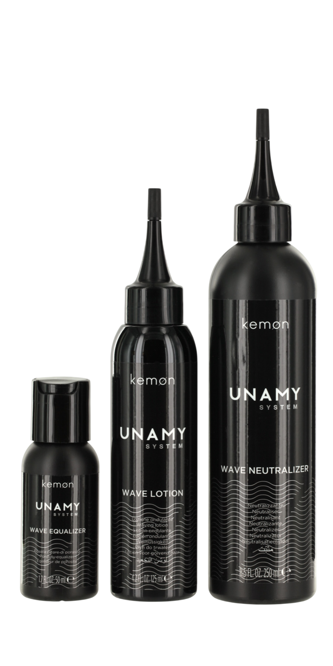 Unamy System Wave Set Kemon: Wave Equalizer, Hair Treatment Lotion Mask, 50 ml + Wave Lotion, Hair Treatment Lotion Mask, 150 ml + Wave Neutralizer, Hair Treatment Lotion Mask, 250 ml