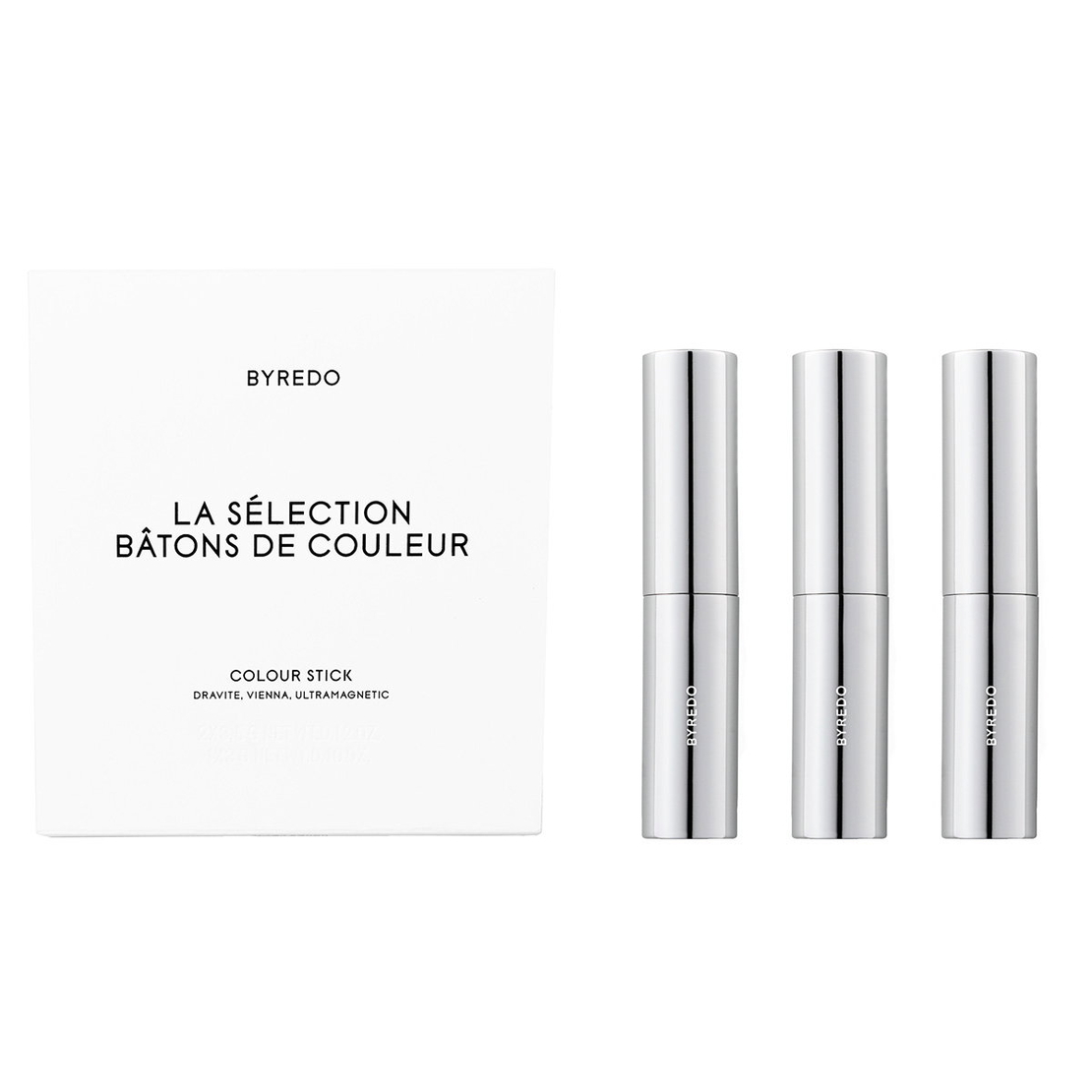 Set Byredo: Colour Stick, Multifunctional, Eyeshadow Stick, Dravite, 3.5 g + Colour Stick, Multifunctional, Eyeshadow Stick, Vienna, 3.5 g + Colour Stick, Multifunctional, Eyeshadow Stick, 580, Ultramagnetic, 3.5 g + Byredo, GWP Textile Pouch