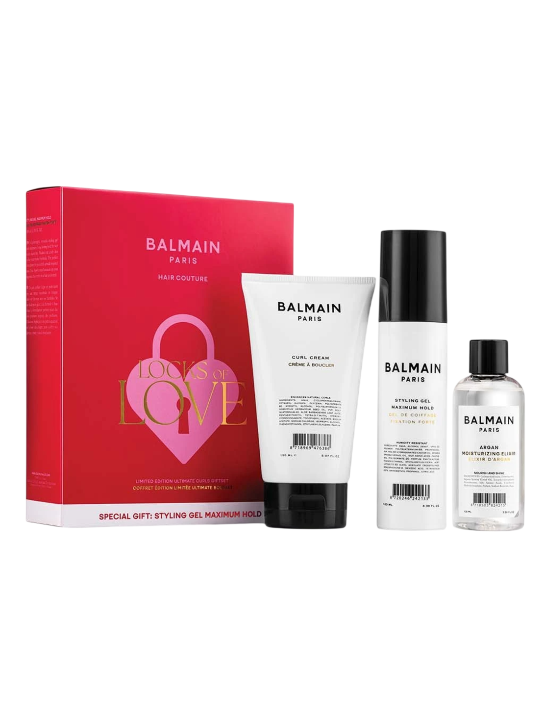 Locks of Love Set Balmain Professionnel: Balmain Professionnel, Hair Styling Cream, Light Hold, 150 ml + Balmain Professionnel, Panthenol, Hair Styling Gel, For Styling, Strong Hold, 100 ml + Argan Moisturising Elixir, Hair Oil, For Nourishing, 100 m