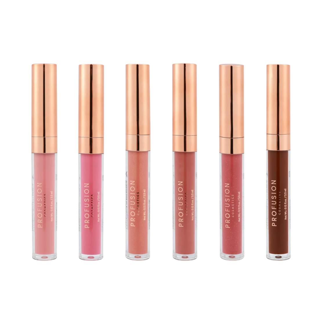 Set Profusion Cosmetics: Pucker Up, Lip Gloss, Rosy Nude, 3.5 ml + Pucker Up, Lip Gloss, Bright Pink, 3.5 ml + Pucker Up, Lip Gloss, Peachy Nude, 3.5 ml + Pucker Up, Lip Gloss, Warm Rosy Brown, 3.5 ml + Pucker Up, Lip Gloss, Deep Rose, 3.5 ml + Pucke