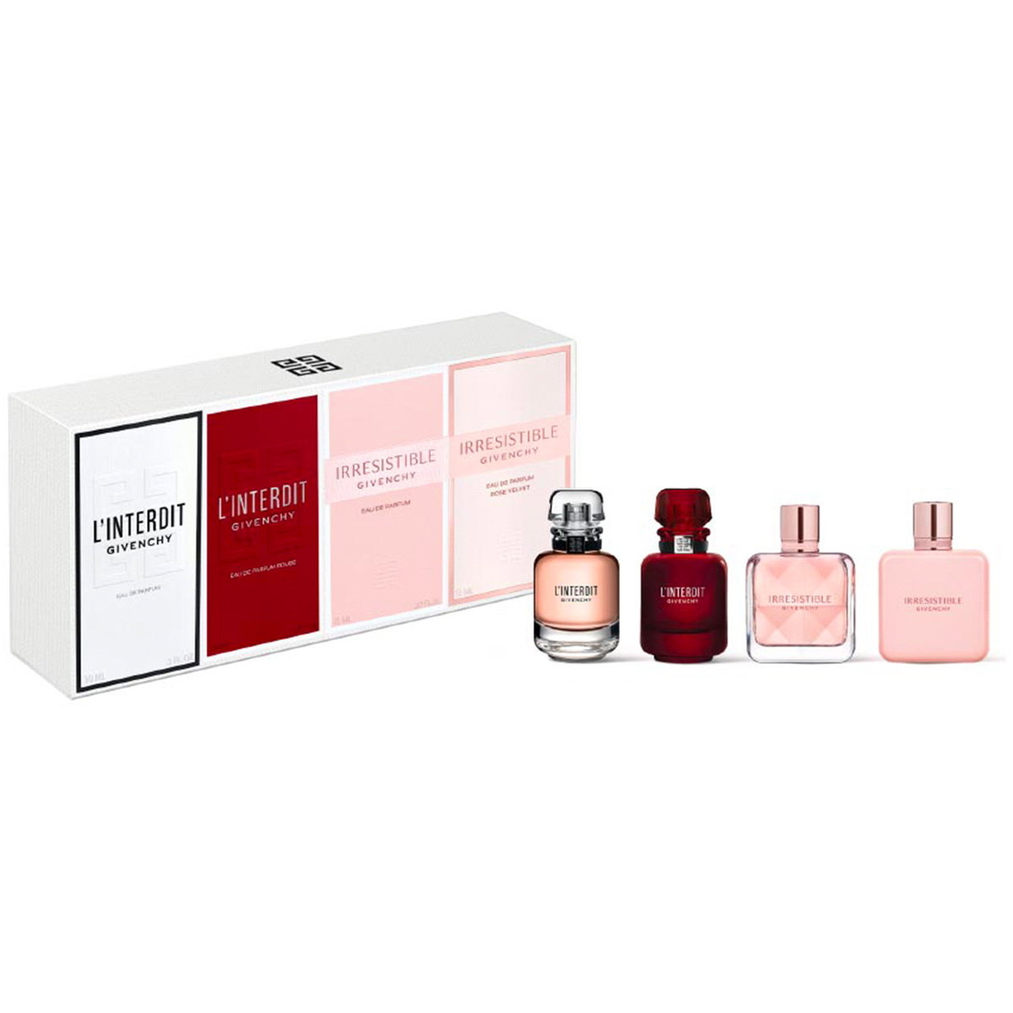 Set Givenchy: L'Interdit, Eau De Parfum, For Women, 10 ml *Miniature + L' Interdit Rouge, Eau De Parfum, For Women, 10 ml *Miniature + Irresistible, Eau De Parfum, For Women, 8 ml *Miniature + Irresistible Rose Velvet, Eau De Parfum, For Women, 8 ml