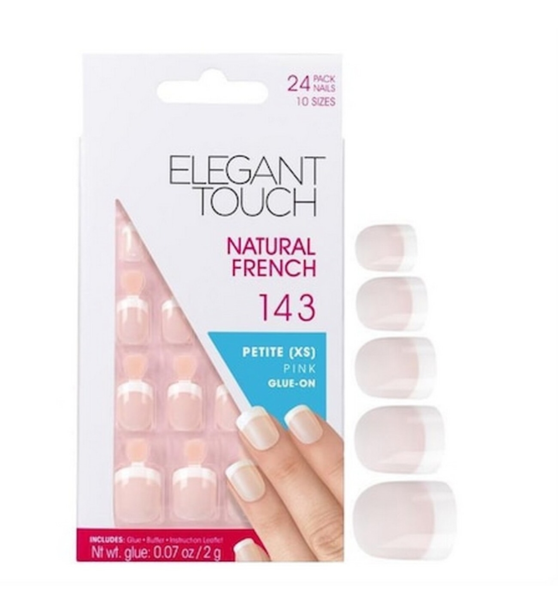 Set, Elegant Touch, Natural French, Square, Artificial Nails, Pink, 143, Petite (XS), 24 pcs