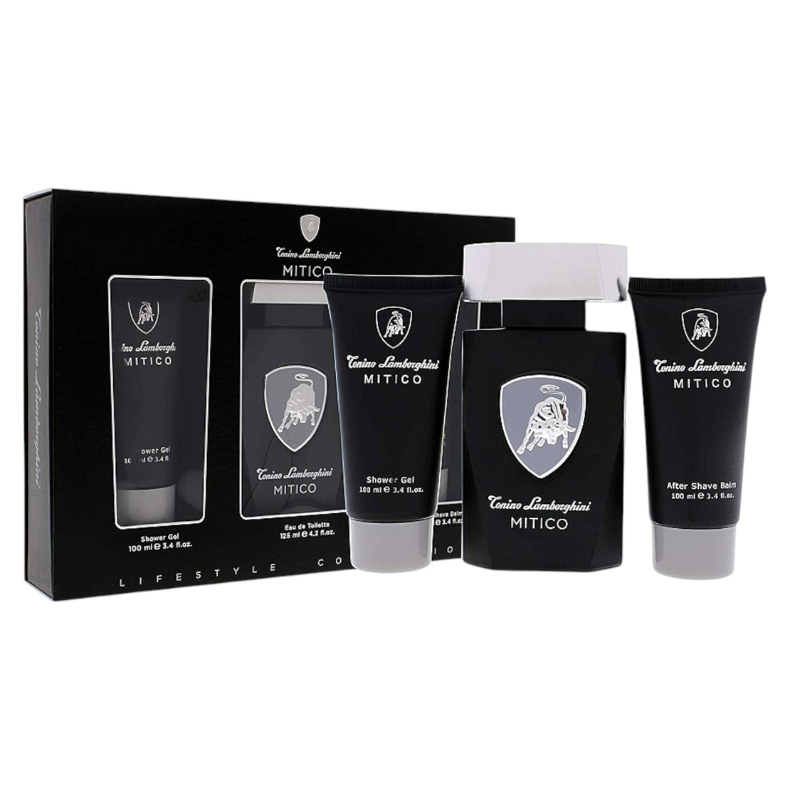 Set Tonino Lamborghini: Mitico, Eau De Toilette, For Men, 125 ml + Mitico, Hydration, Shower Gel, All Skin Types, 100 ml + Mitico, Hydrating, After-Shave Balm, 100 ml