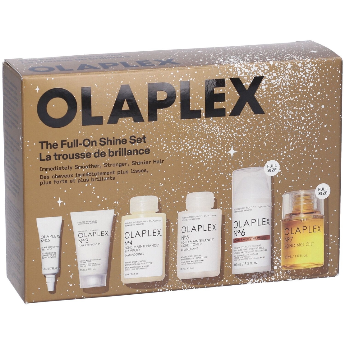The Full-On Shine Set Olaplex: No.6 Bond Smoother, Hair Styling Cream, 100 ml + No.3 Hair Perfector, Hair Cream Treatment, For Revitalisation, 30 ml + No.4 Bond Maintenance, Hair Shampoo, Repairing & Strengthening, 30 ml + No. 0.5 Scalp Longevity Tre
