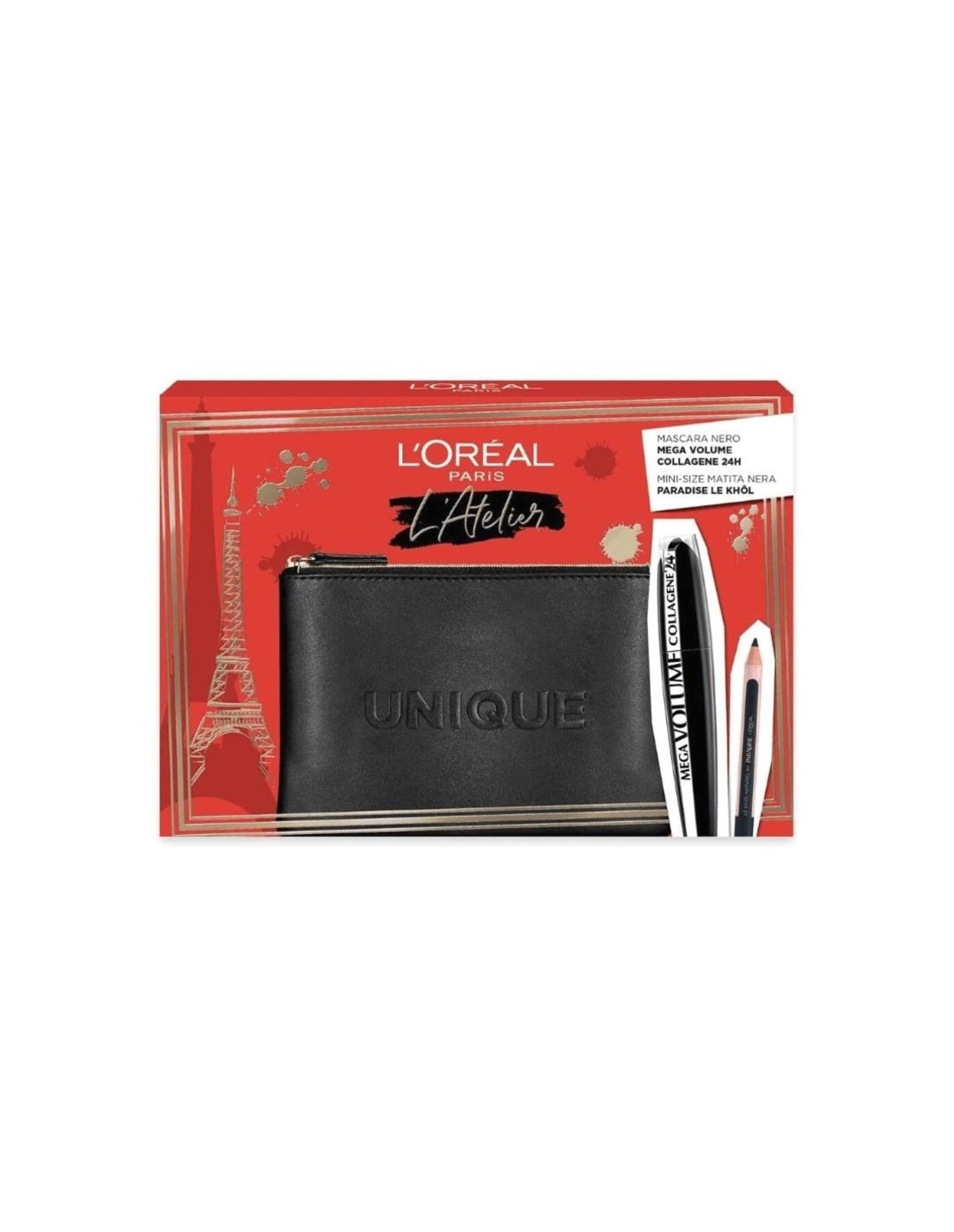 Set L'Oreal Paris: L'Oreal Paris, Kajal Eye Pencil, Black, 1.5 g + Mega Volume Collagene 24h, Waterproof, Mascara, Mega Black, 9 ml + Textile Makeup Bag, Black