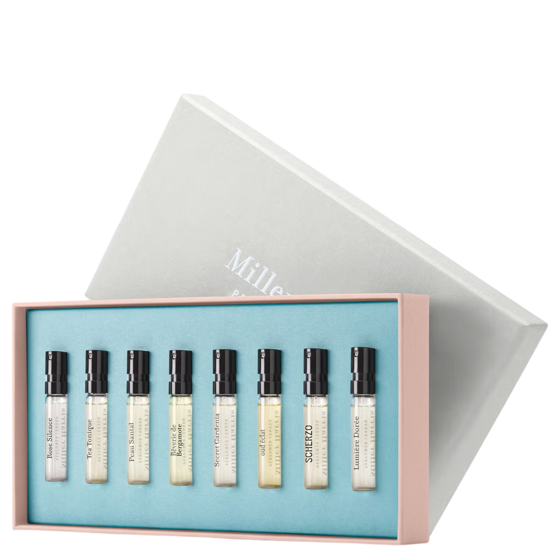 Discovery Set Miller Harris: Scherzo, Eau De Parfum, Unisex, 2 ml *Vial + Rose Silence, Eau De Parfum, For Women, 2 ml *Vial + Coeur De Jardin, Eau De Parfum, For Women, 2 ml *Vial + Tea Tonique, Eau De Parfum, Unisex, 2 ml *Vial + Peau Santal, Eau D