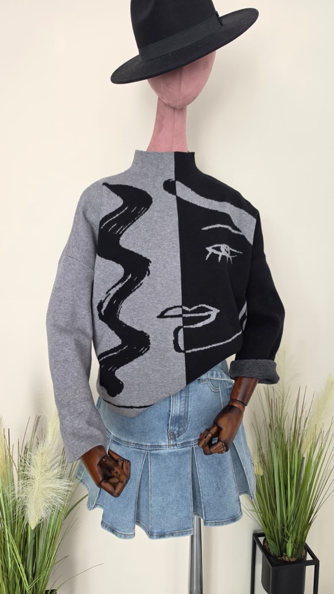 Pulover Jacquard Faces of Art-Negru