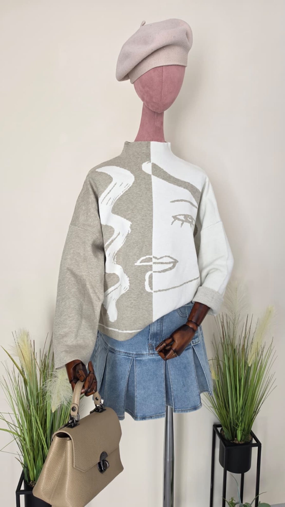 Pulover Jacquard Faces of Art-Bej