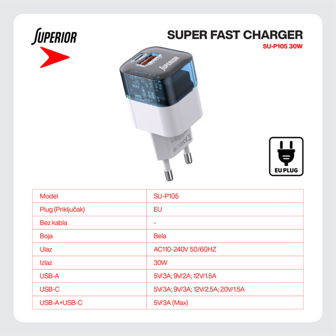 Kuciste punjaca Superior SU-P105 30W USB A+Type C belo