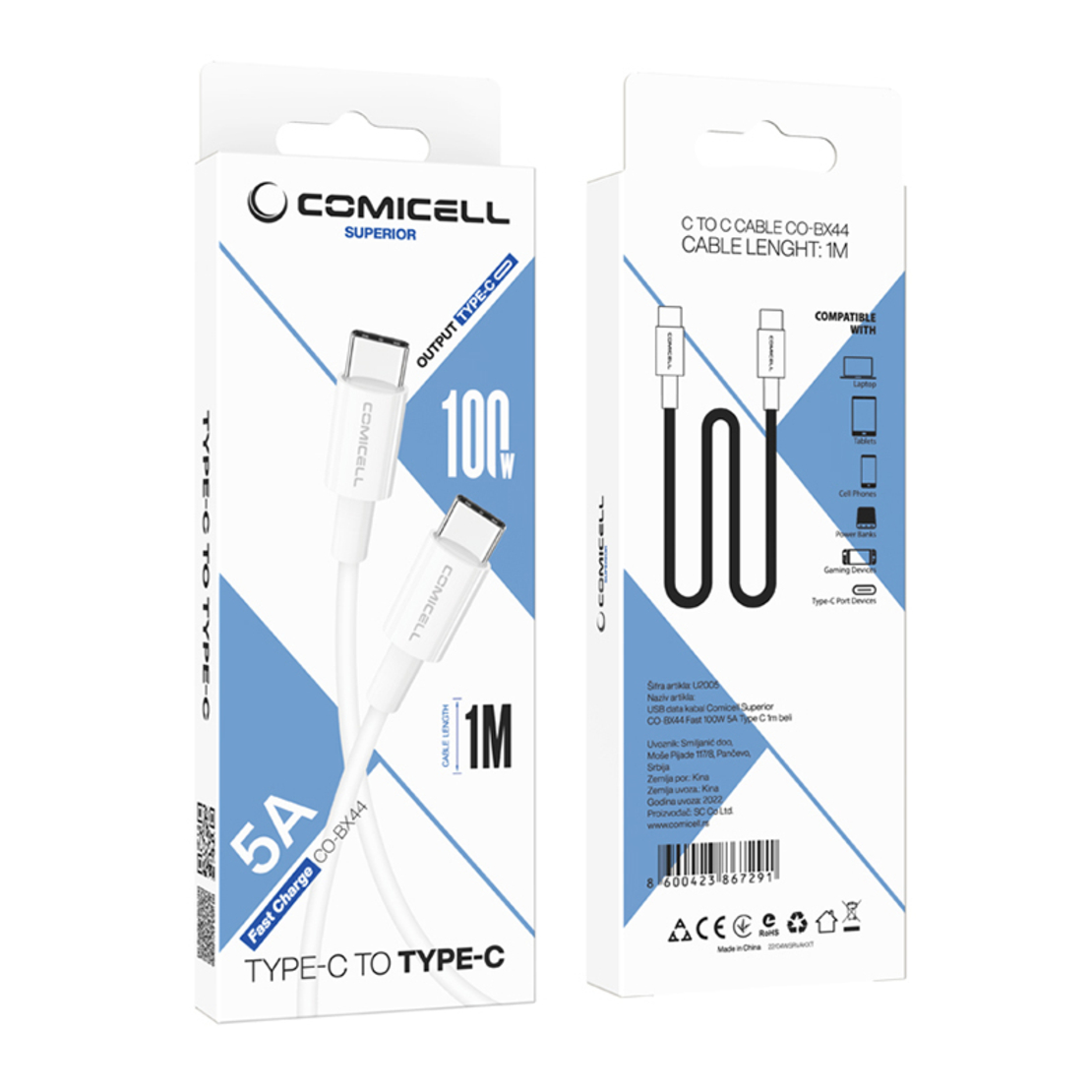 USB data kabal Comicell Superior CO-BX44 Fast 100W 5A Type C na Type C 1m beli