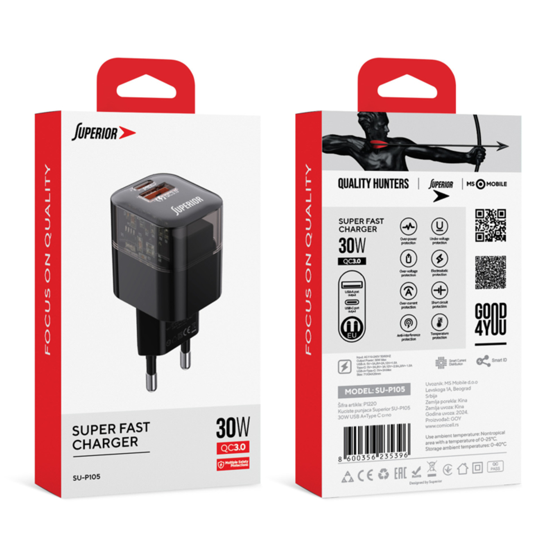 Kuciste punjaca Superior SU-P105 30W USB A+Type C crno