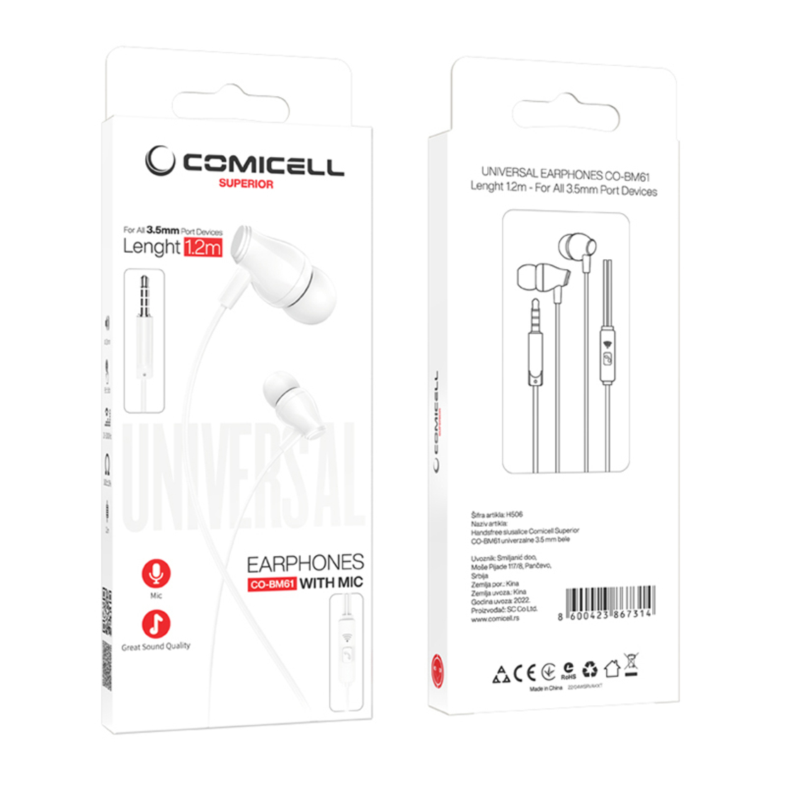 Handsfree slusalice Comicell Superior CO-BM61 univerzalne 3.5 mm bele