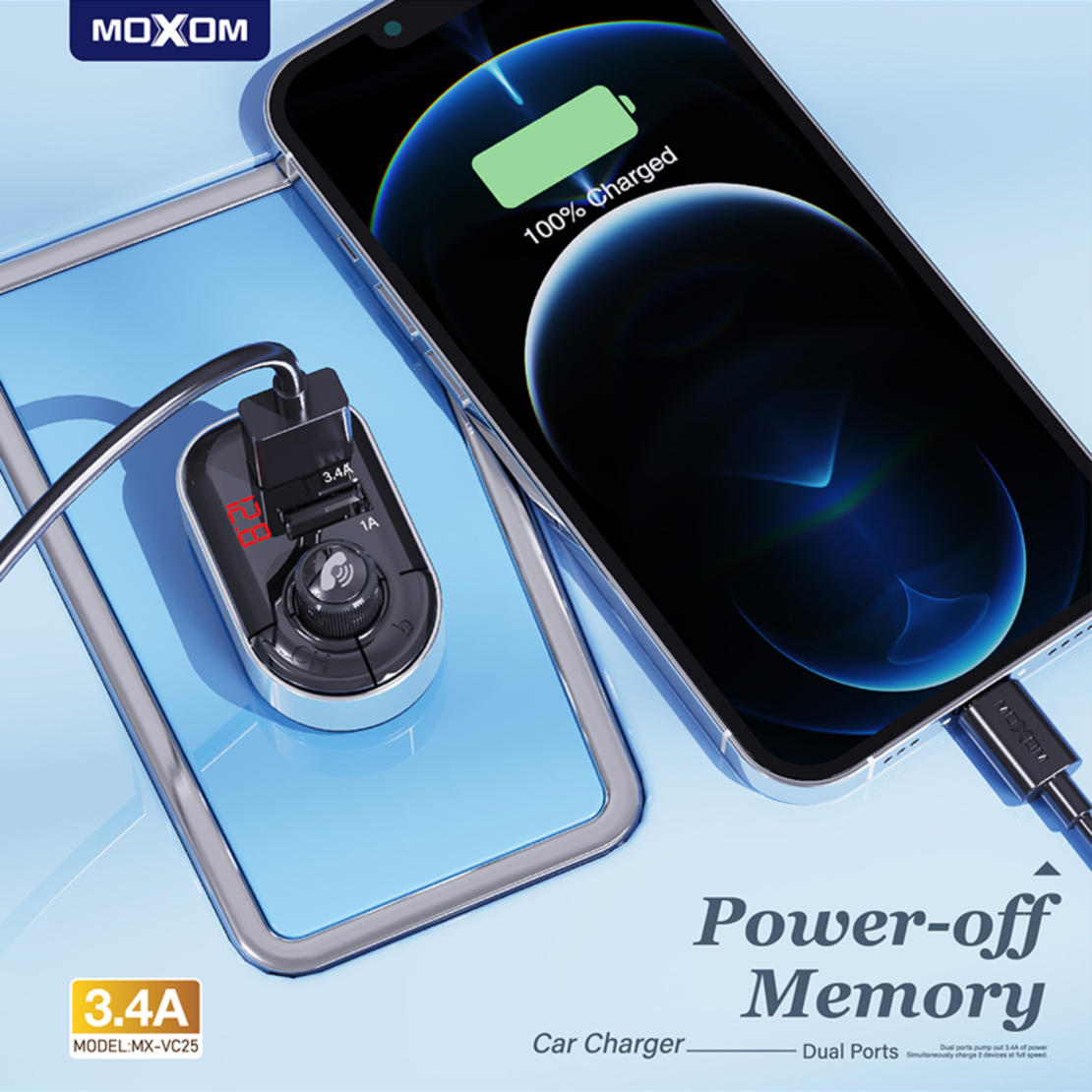 FM Modulator Moxom MX-VC25 2xUSB 3.4A crni