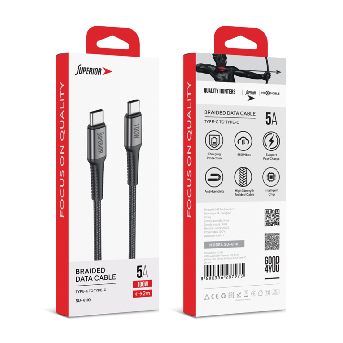 USB data kabal Superior SU-K101 pleteni 27W 3A Type C na Lightning 1m crni