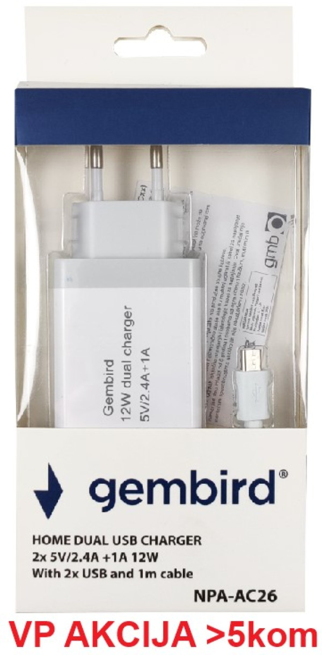 Gembird punjac za telefone i tablete 2x5v/2.4A+1A 12W +micro USB DATA kabl 1M