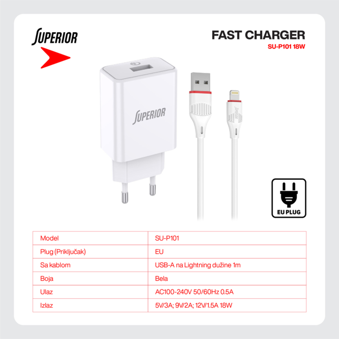 Kucni punjac Superior SU-P101 Fast QC3.0 18W 3A Lightning beli