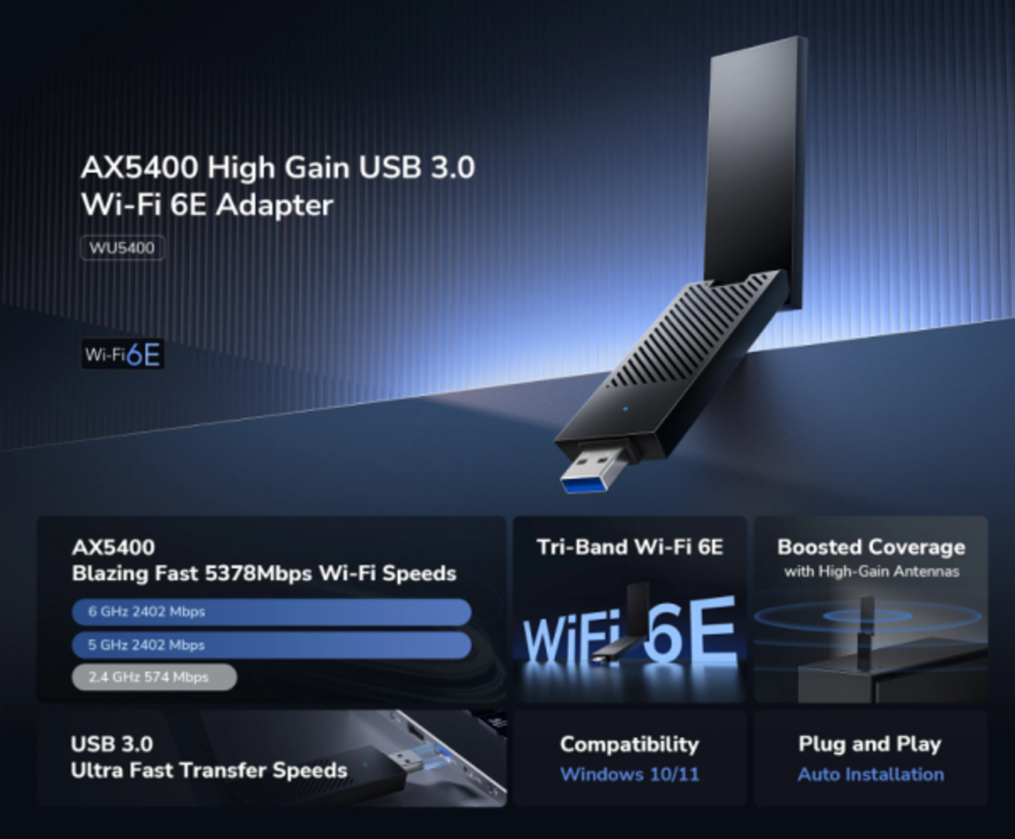 Cudy WU5400, AX5400 High-Gain USB 3.0 Wi-Fi 6E Adapter 2.4/5/6 GHz, 574 Mbps/2402 Mbps