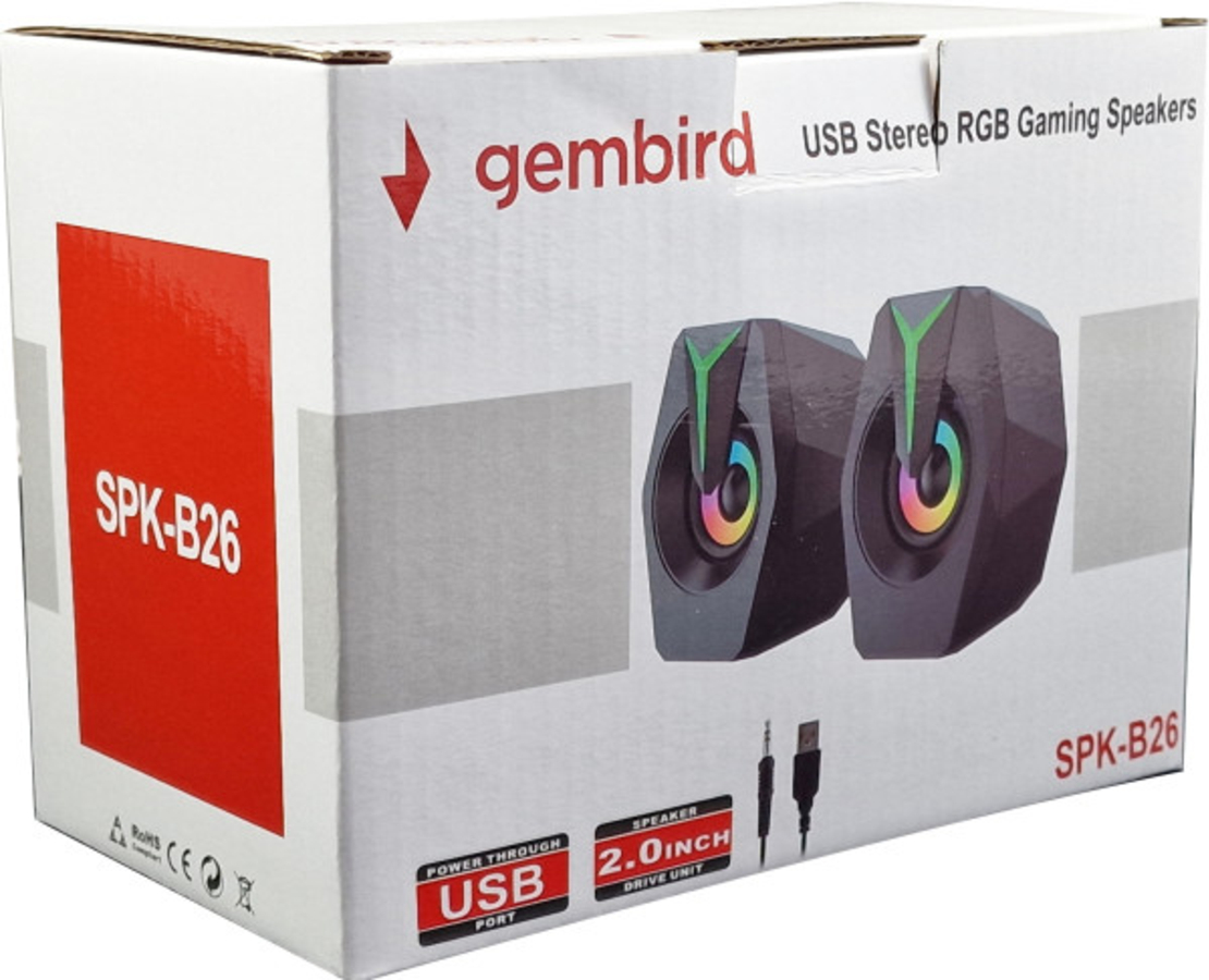 SPK-B26 * Gembird Stereo zvucnici black LED, 2.0 inch, 6W RMS (2x3W) USB pwr, volume control, 3,5mm