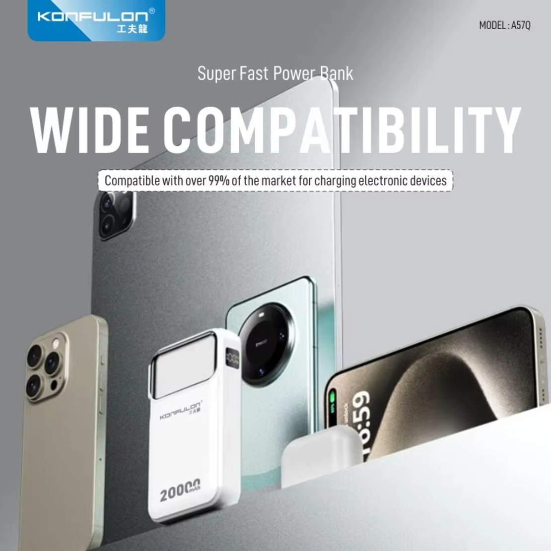Kucni punjac KONFULON A57Q 20W sa Power Bank baterijom 20000mAh i 2u1 kablom beli