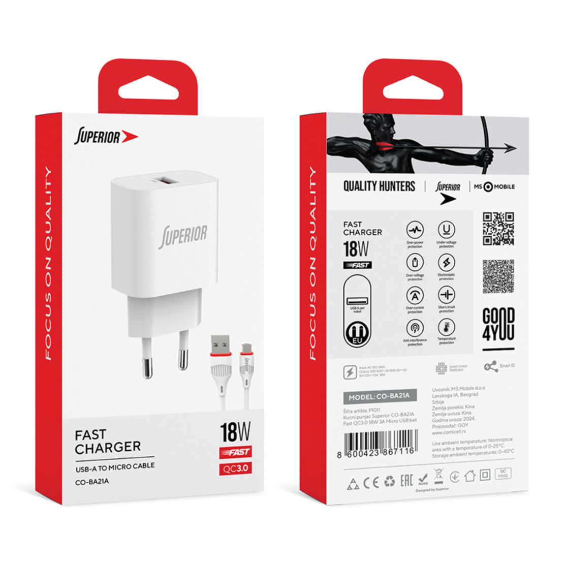 Kucni punjac Comicell Superior CO-BA21A Fast QC3.0 18W 3A Micro USB beli