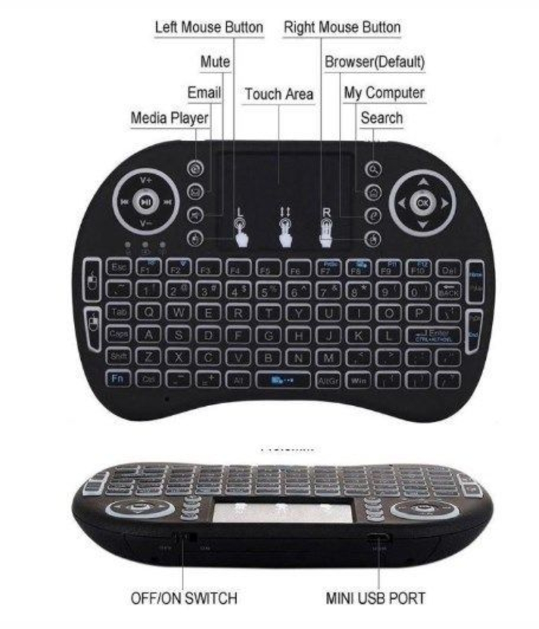GMB-I8 ** Gembird 2.4GHz Wireless gaming Mini keyboard backlight and TOUCH, punjiva bat. BL-5C (519)