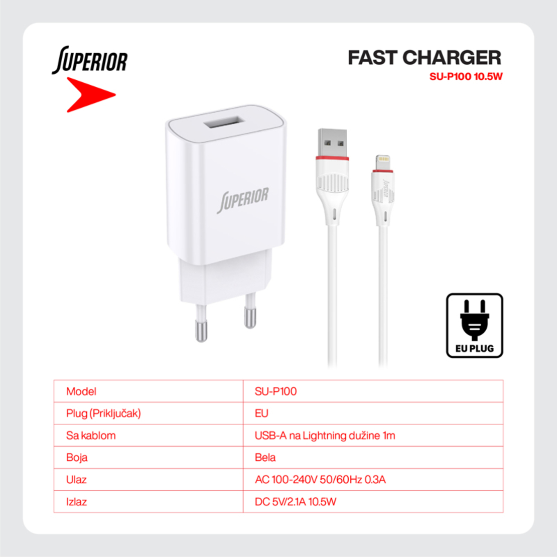 Kucni punjac Superior SU-P100 10.5W 2.1A Lightning beli
