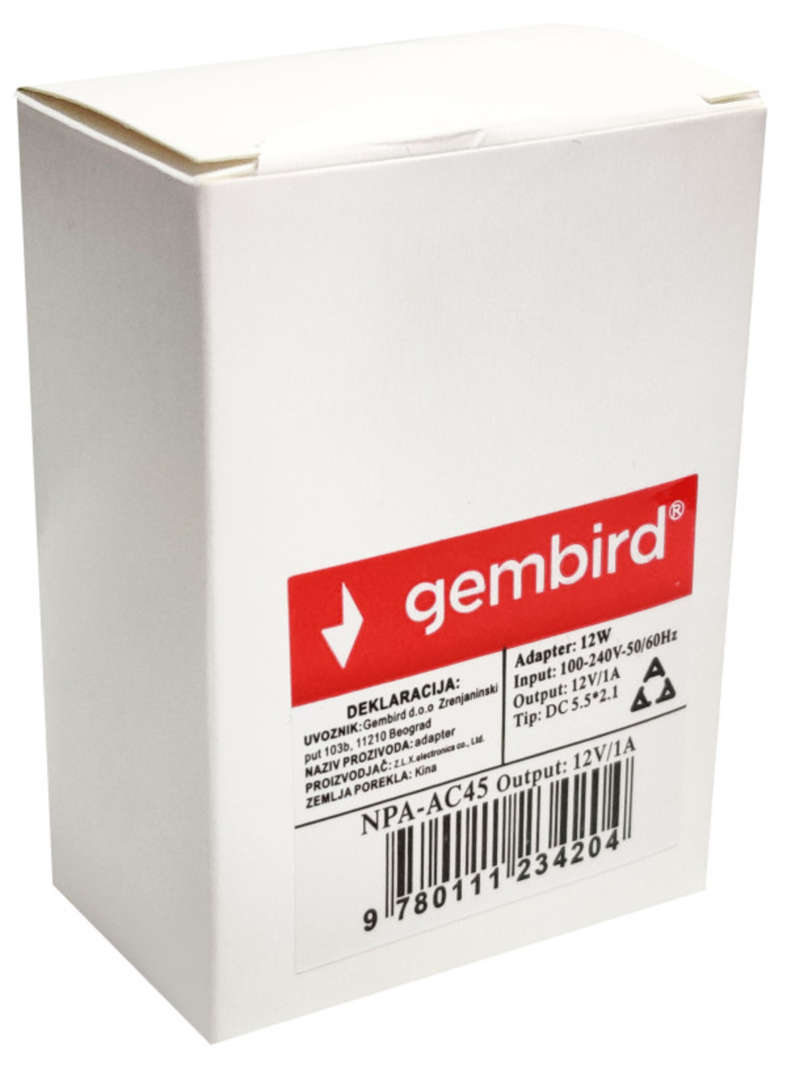 NPA-AC45** Gembird punjac 12v/1A 12W, 1m kabl, Coper napajanje, DC 5.5x2.1mm CE