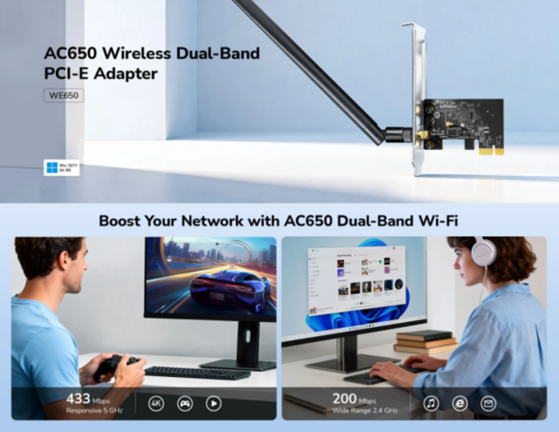 Cudy WE650,AC650 Bezicni PCI-E adapter sa dva opsega, 433 Mbps + 200 Mbps ,Dual-Band Wi-Fi 5