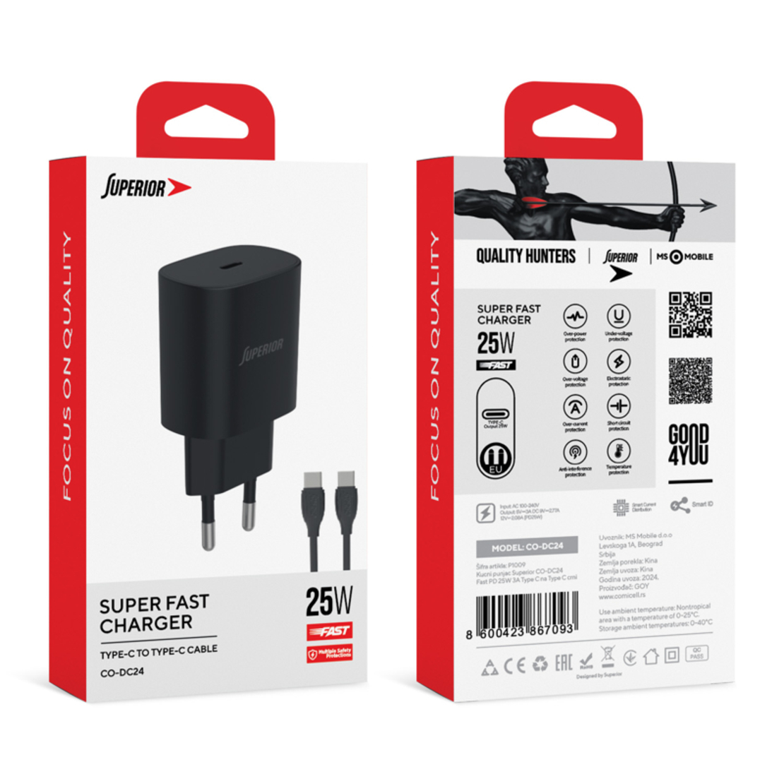 Kucni punjac Comicell Superior CO-DC24 Fast PD 25W 3A Type C na Type C crni