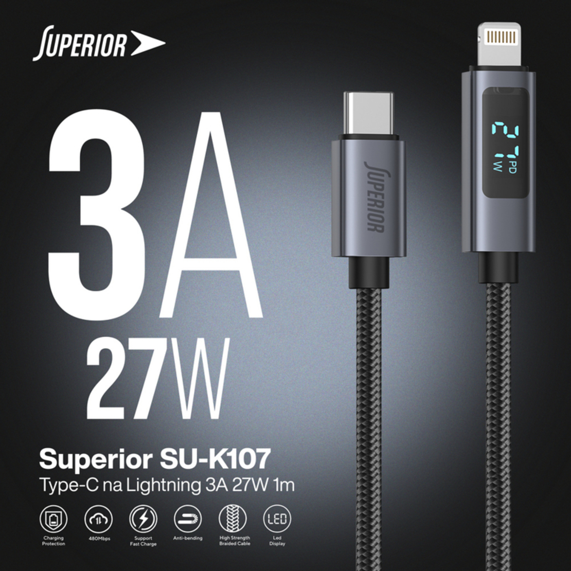 USB data kabal Superior SU-K107 pleteni Type-C na Lightning 3A 27W sa LED ekranom 1m crni