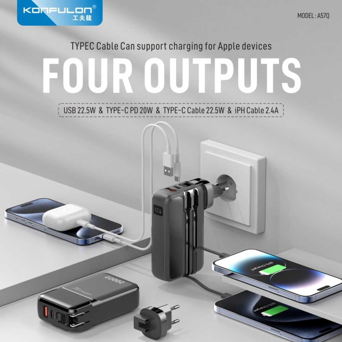 Kucni punjac KONFULON A57Q 20W sa Power Bank baterijom 20000mAh i 2u1 kablom beli