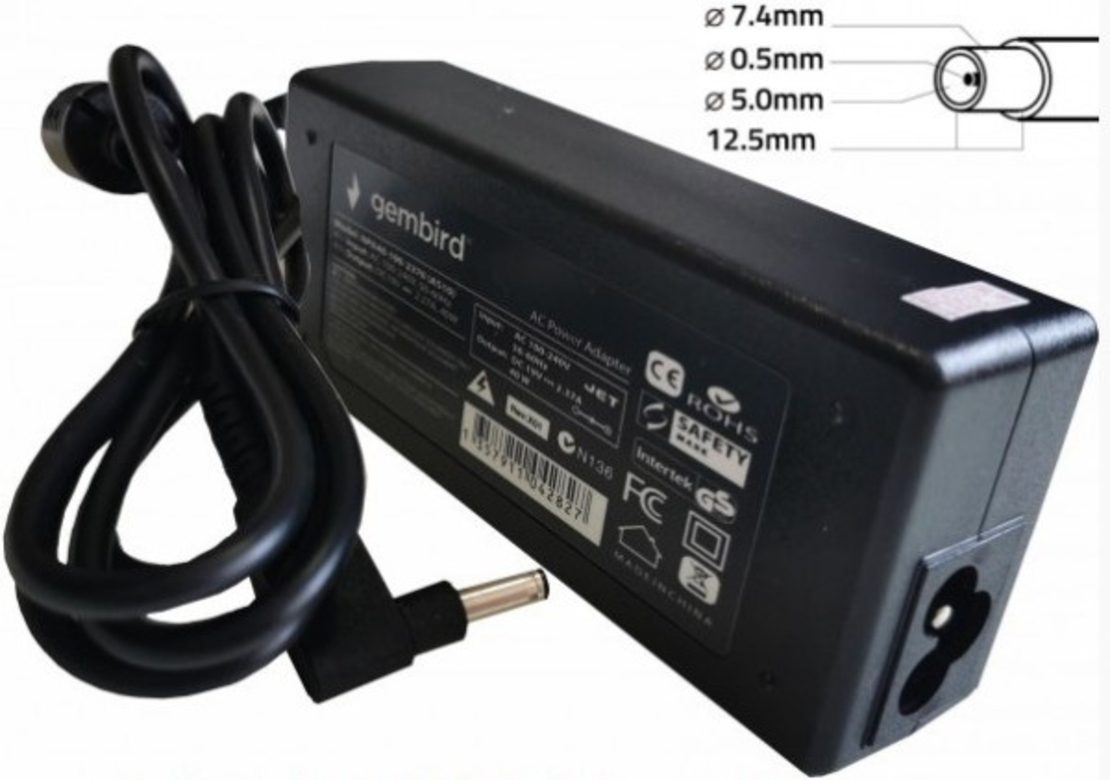 NPA65-195-3340 (DE03) Gembird punjac za laptop 65W-19.5V-3.34A, 7.4x5.0mm black PIN