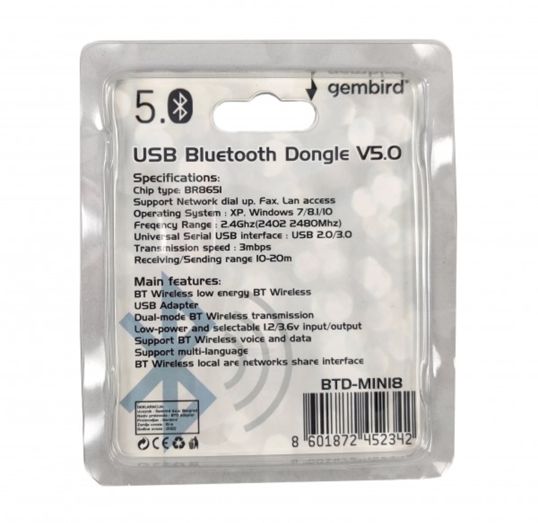 Gembird USB2.0/3.0 Bluetooth dongle v5.0, 2.4Ghz 3MB/s(24Mbps) 8dBm 20m